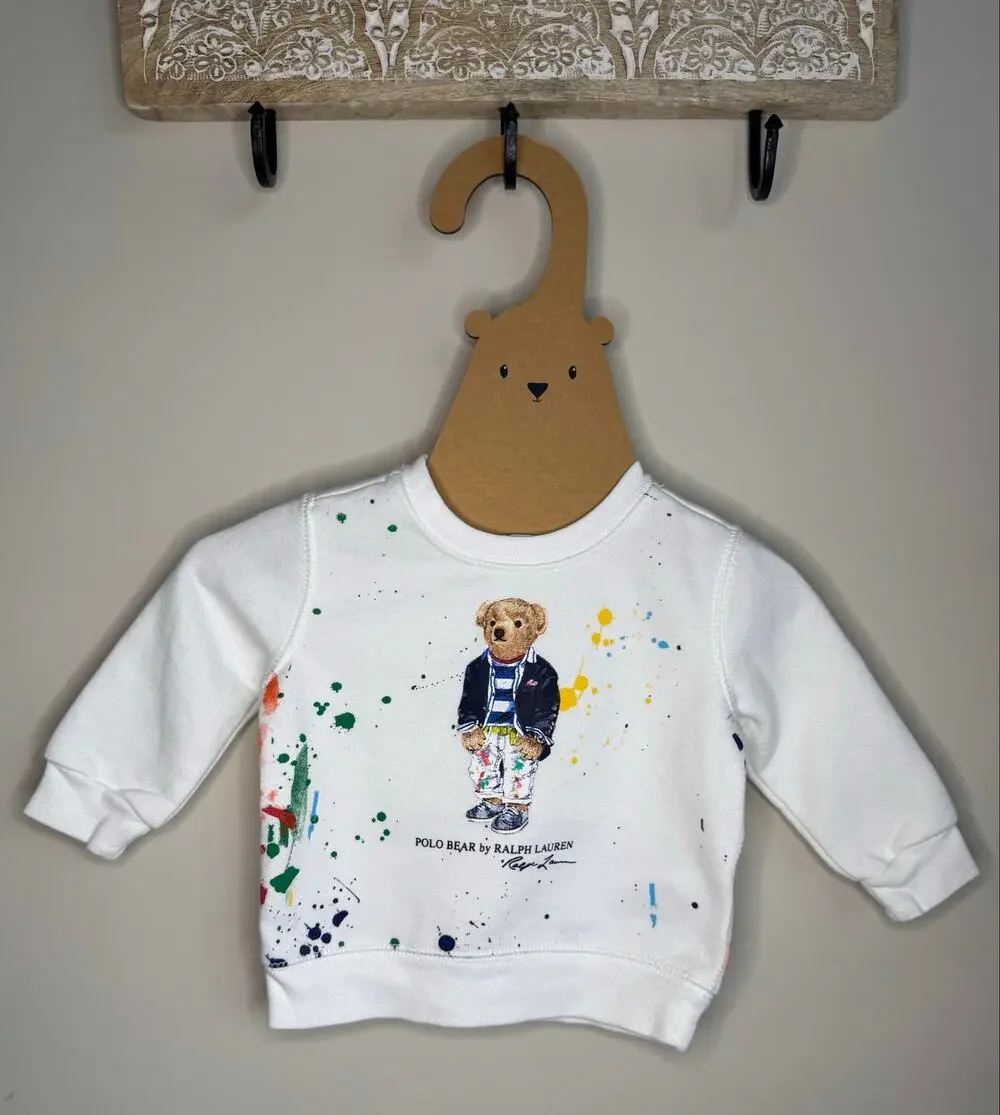 Ralph Lauren Paint Splattered Polo Bear Graphic Fleece Sweatshirt sz 6M